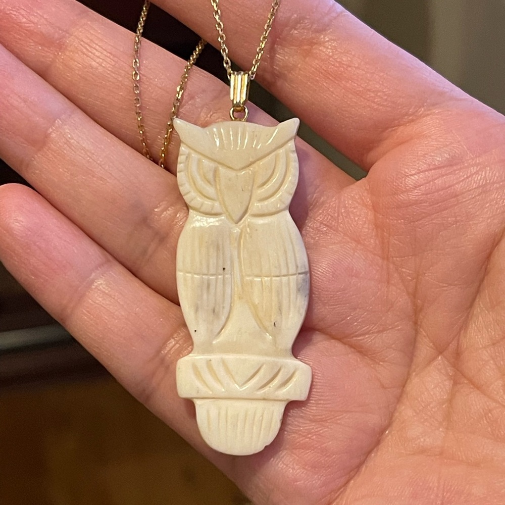 Vintage carved ox bone owl pendant gold tone chain